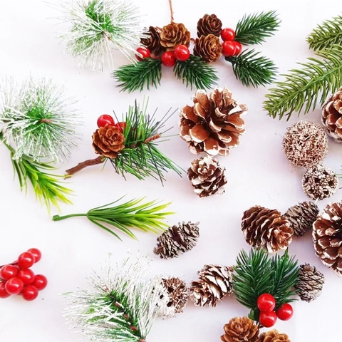 Natural Pine Cones Christmas Decorations White Snow Tipped Pine Needles Red Berries DIY Craft Supplies Wood Accessory