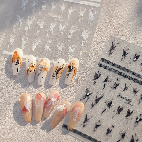 Autocollants Nail Art Papillon Relief 3D Avec Accents De Künstliche Perles Et Strass Design Dentelle Rétro Décoration Manucure Autocollante