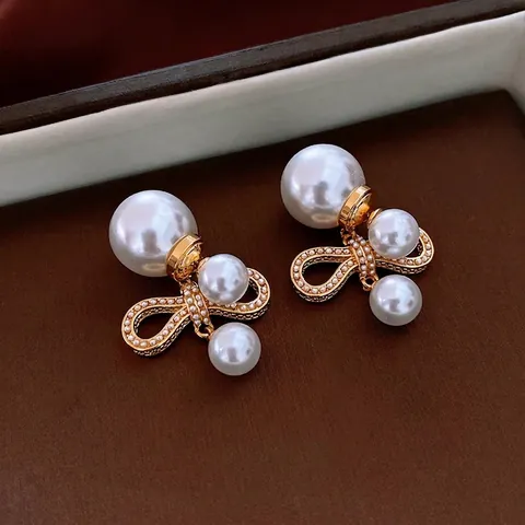 Elegant Bowknot Artificial Pearl Drop Earrings With 925 Sterling Silver Earring Post Alloy Zircon Retro Fashion For Women