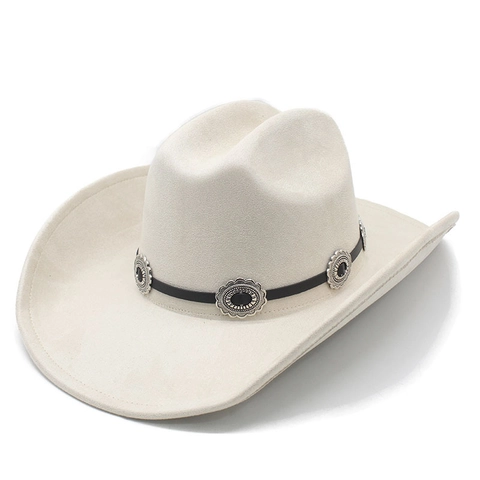 Western Cowboy Hat Suede Polyester Large Brim Vintage Metal Conchos Adjustable Retro Bohemian For Men Women