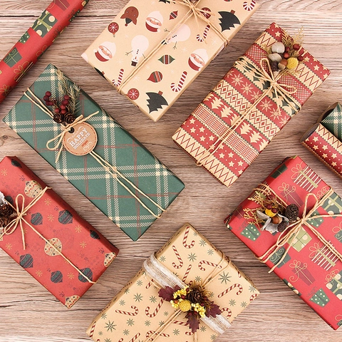 Christmas Gift Wrapping Paper Vintage Kraft Paper Santa Snowflake Reindeer Pattern Holiday DIY Present Packaging