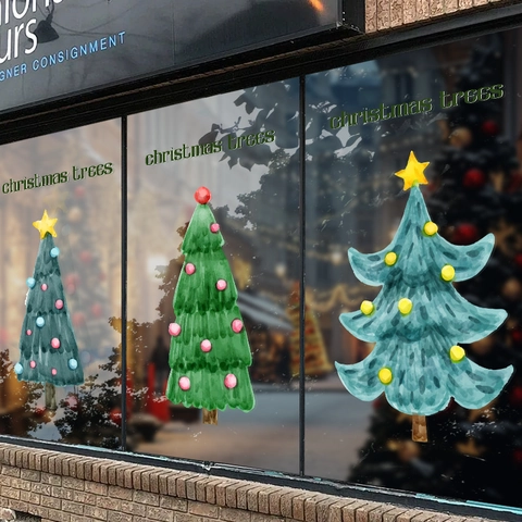 Christmas Window Sticker Static PVC Cling Glue-Free Removable Watercolor Christmas Tree Double Sided Holiday Decor