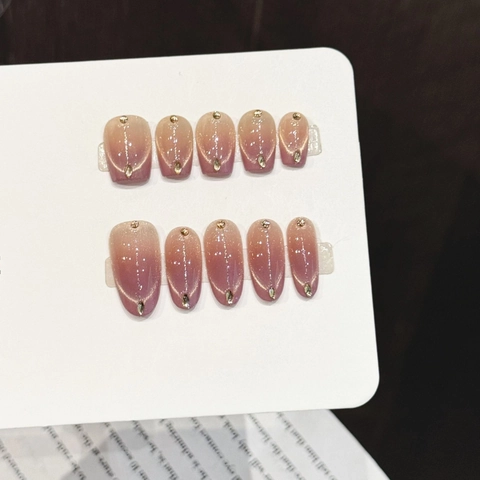 Uñas Postizas Hechas A Mano Degradado Rosa Púrpura Efecto Ojo De Gato Con Diamantes De Imitación Elegante Lujo