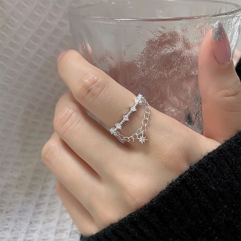 Star Pendant Chain Open Ring Copper Cubic Zirconia Double Layer Adjustable Minimalist Jewelry For Women