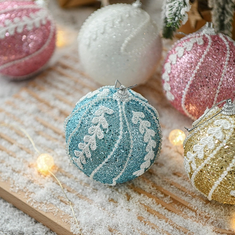 Kerstboom Ballen Ornamenten Glinsterend Schuim Wit Kantpatroon Hangende Feestdecoratie Voor Thuisfeest