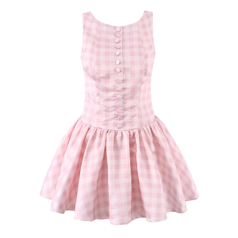 Dames Casual Mouwloze Gingham Ruit Mini Jurk Ronde Hals Enkele Rij Knopen Hoge Taille Geplooide A-lijn Satijnen Jurk