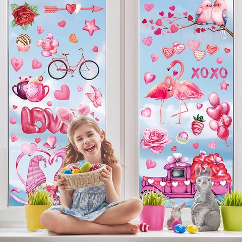 Valentine Day Window Clings Double Sided Static PVC Stickers Romantic Gnome Heart Decor For Home Glass Shop