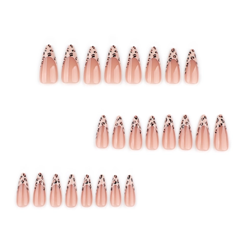 Press On Nagels Lange Amandelvorm Kunstmatige Luipaard Franse Stijl Glanzend Nude Bruin Valse Nagels