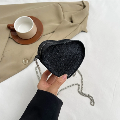 Bolso Bandolera En Forma De Corazón Pedrería Mini Bolso De Cadena Brillante Cuero PU Bolso De Noche Para Mujeres