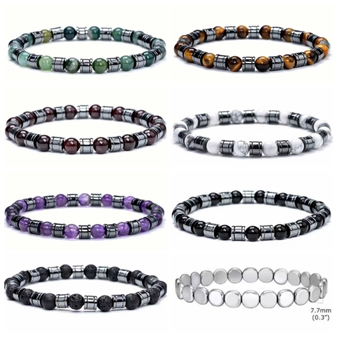 Natural Stone Beaded Bracelet Lava Rock Tiger Eye Malachite Hematite Elastic Energy Yoga Healing Jewelry For Men
