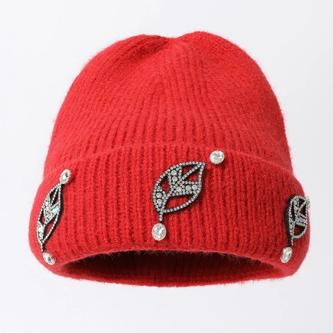 Women Winter Knitted Beanie Hat Warm Thickened Plush Thermal With Rhinestone Leaf Decor Elegant Fashionable