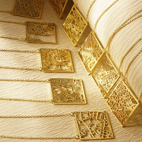 Stainless Steel City Map Pendant Necklace Square Hollow Geometric Street Route Fashion Jewelry For Unisex