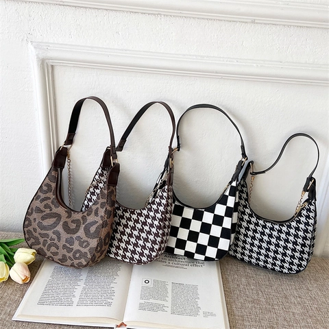 Borsa Sottobraccio Mezzaluna Retro Pied De Poule Scacchiera Leopardo PU Tela Catena Decorazione Spalla Donna