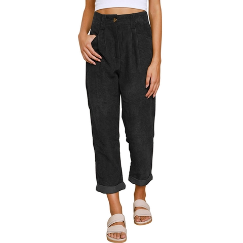 Women's High Waist Corduroy Pants Solid Color Relaxed Straight Leg Casual Trousers Patchwork Cotton Blend Warm Autumn Bottom