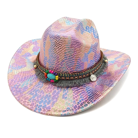 Western Cowboy Hat Holographic Snakeskin Pattern Polyester Wide Brim Bohemian Turquoise Tassel Party For Women