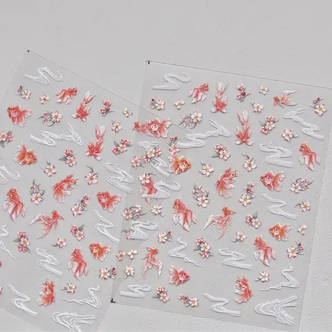 Reliëf Nagelkunst Stickers Ultradunne Chinese Stijl Goudvis Koi Kersenbloesems Waterrimpels Manicure Decor