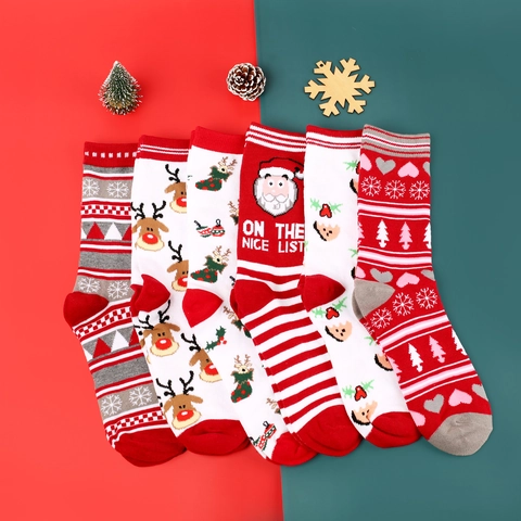 Chaussettes De Noël Mélange Coton Mi-Tube Père Noël Renne Motif Flocon De Neige Cadeau De Vacances Festif Pour Adultes
