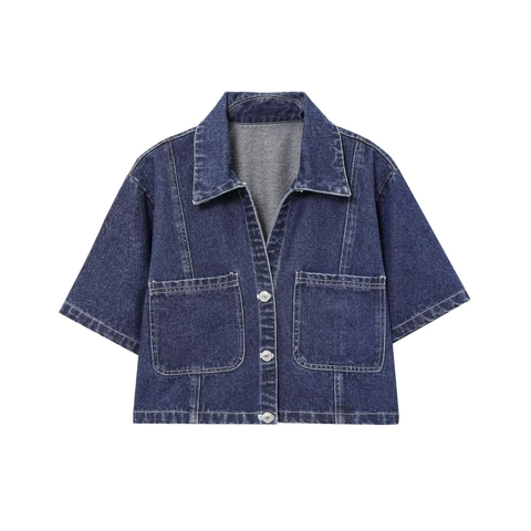Giacca In Denim A Maniche Corte Da Donna E Gonna-Pantalone Asimmetrica Blu Scuro Cuciture A Contrasto Streetwear