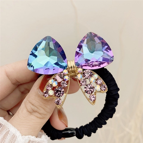 Sparkly Crystal Bowknot Hair Tie Alloy Rhinestone High Elastic Scrunchie Elegant Hair Accessories For Women