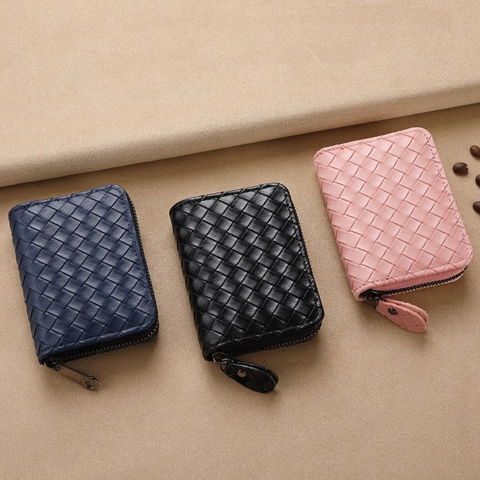 Woven PU Leather Card Holder Zipper Closure Accordion Style Large Capacity Multi Slot RFID Blocking Wallet For Women