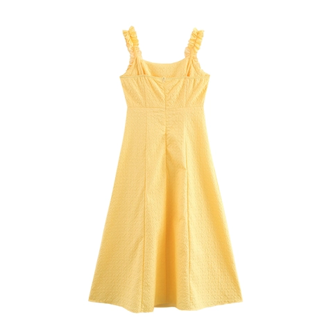 Gelbes Maxi Kleid Mit Rüschen Camisole Für Damen Sommer Strukturierte Prägung Hohe Taille Ärmellose Lange Robe Süß