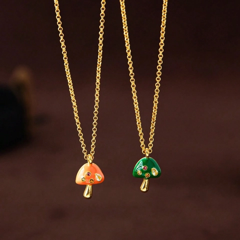 Collana Con Ciondolo A Fungo Carino Rame Placcato Oro Smalto Colorato Intarsiato Con Zircone Gioielli Di Moda Per Donne