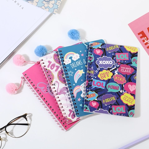 Spiraalnotitieboek Harde Kaft Dubbele Spiraal Met Pluche Bal Hanger Cartoon Flamingo Eenhoorn Patroon Briefpapier Voor Meisjes