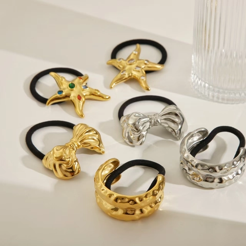 Élastiques à Cheveux en Acier Inoxydable Martelé Étoile de Mer Nœud Papillon Minimaliste Plaqués Or 18K Mode pour Femmes