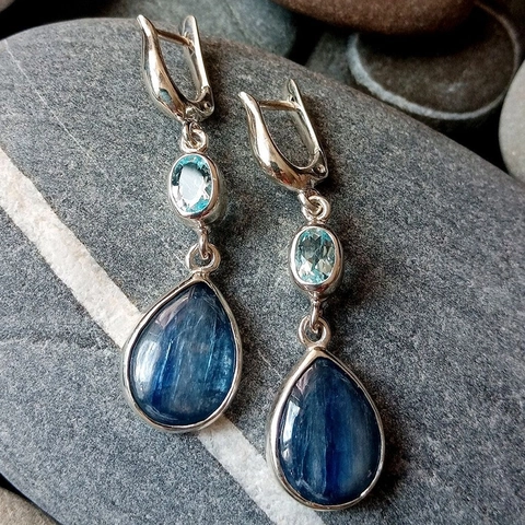 Vintage Silver Color Drop Earrings With Blue Kyanite And Light Blue Stone Waterdrop Leverback Ethnic Style For Women