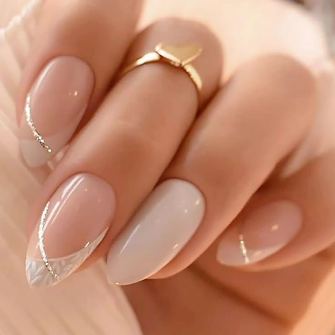 Press On Nails Almond Shape Nude Pink With White Leaves And Silver Glitter Lines Artificial Fake Nails For Women