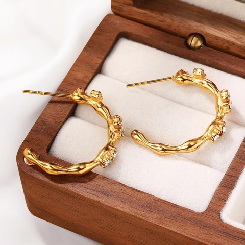 Retro C-Form Creolen 18K Vergoldet Edelstahl Zirkon Luxus Frauen Mit Edelstahl Ohrstecker