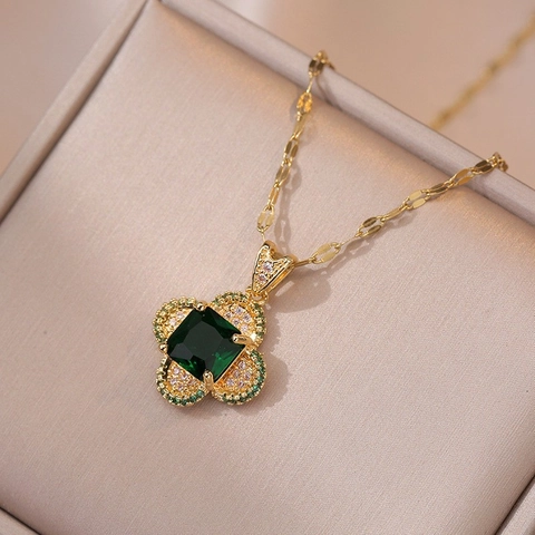 Collana Con Pendente Fiore Zircone Verde Smeraldo Acciaio Al Titanio Placcato Oro Minimalista Catenina Clavicola Da Donna