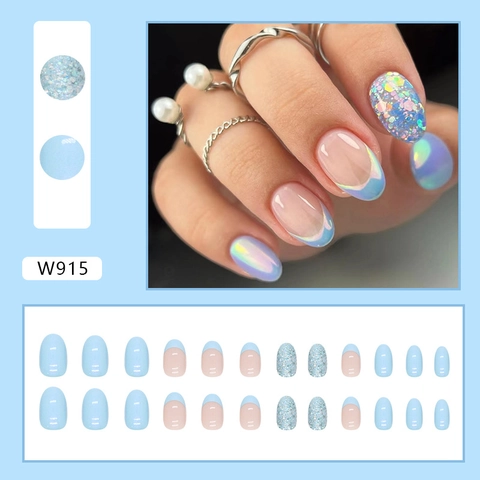 Faux Ongles Press On Aurora Bleu Rose Ovales Transparents Paillettes Été Style Minimaliste Pour Femmes