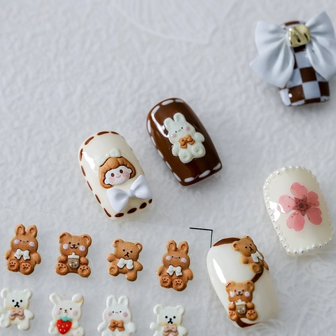 Autocollants Art Des Ongles En Relief 3D Motif Ours Lapin Dessin Animé Mignon Décalcomanies Adhésives Style Marron Lait Déco