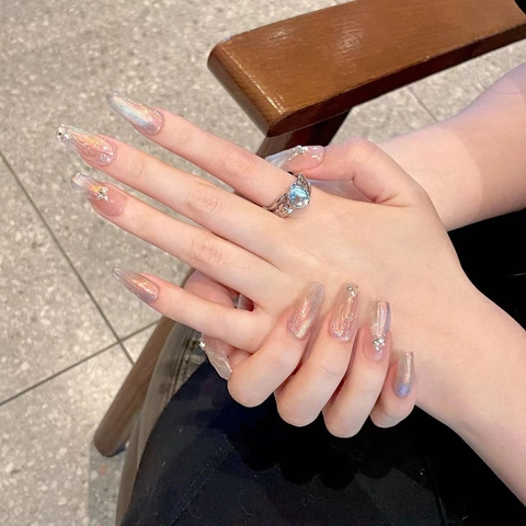 Uñas Postizas Hechas a Mano Aurora Ojo de Gato Con Perla Diamante de Imitación Estilo Francés Dulce Elegante Para Mujer Uso Diario