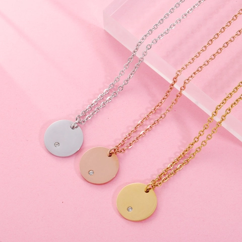 Minimalist Stainless Steel Necklace With Rhinestone Geometric Round Square Pendant Mirror Polished Fashion Jewelry