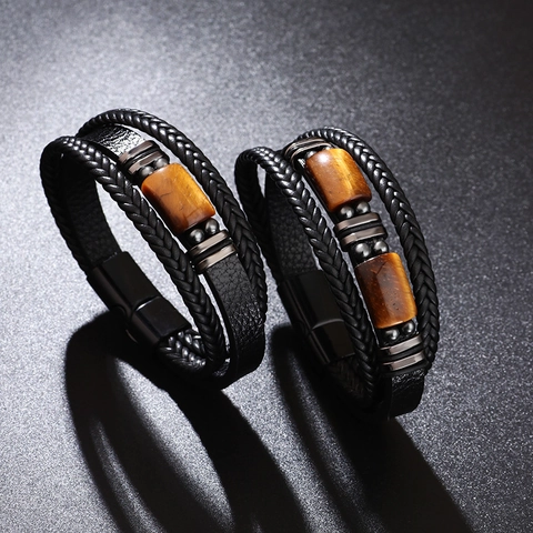 Vintage Men Multilayer PU Leather Bracelet With Tiger Eye Stone Stainless Steel Magnetic Clasp Braided Cuff Bracelet Men Jewelry