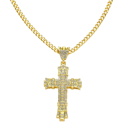 Hip Hop Alloy Rhinestone Cross Pendant Necklace For Men Cool Iced Out Gold Silver Plated Cuban Chain Jewelry Gift