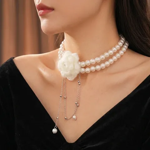 Doppellagige Künstliche Perlenkette Mit Gestrickter Blume Und Quasten Französischer Vintage Stil Elegant Damen