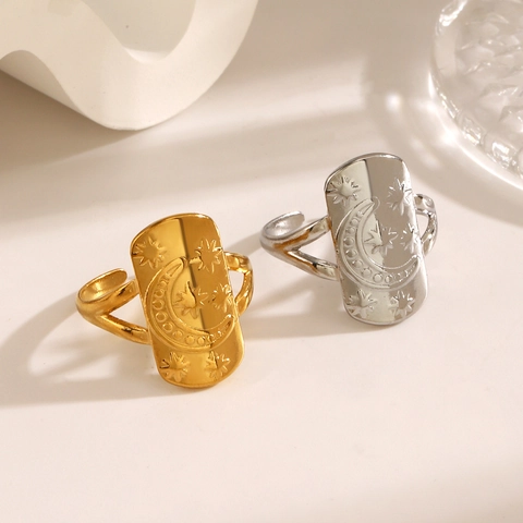 Anello In Acciaio Inossidabile Con Stella E Luna Goffrato Rettangolare Aperto Regolabile Gioielli Di Moda Retro Donna