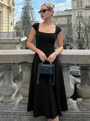French Elegant Square Neck Midi Dress Back Lace Up Slim Fit Solid Color Polyester Spandex Women Vintage Aesthetic