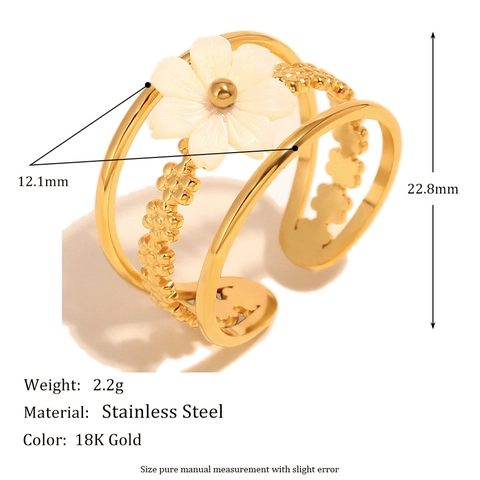 Bague Ouverte Fleur Vintage Française Acier Inoxydable Plaqué Or 18K Multicouche Bijoux Ajustables Pour Femmes