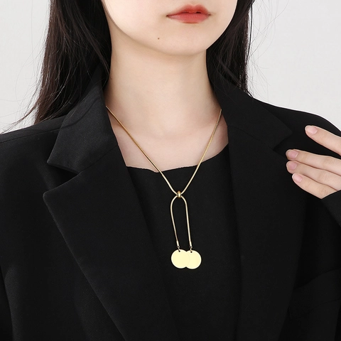 Minimalist Stainless Steel Snake Bone Chain Necklace Adjustable Y Shaped Fringe With Double Round Disk Pendants Trendy