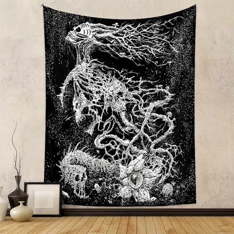 Tapiz De Arte Oscuro Gótico Negro Blanco Calavera Árboles Muertos Poliéster Tapiz De Pared Decoración Estética Habitación