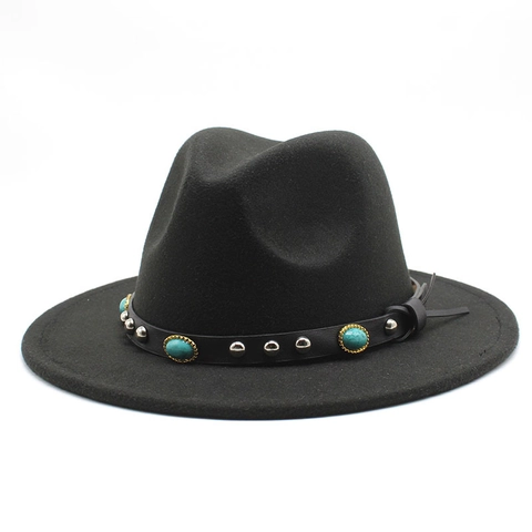 Wide Flat Brim Fedora Hat Felt Jazz Cap With Turquoise Studded Leather Belt Bohemian Vintage Western Style