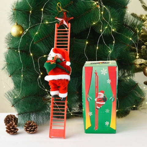Electric Climbing Santa Claus Musical Toy Plastic Plush Automatic Moving Ladder Figure Christmas Tree Hanging Ornament