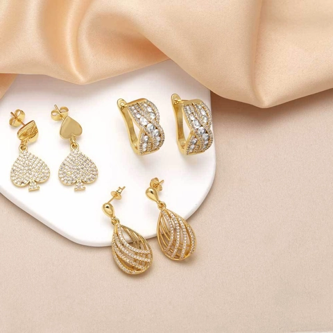 Gold Plated Copper Zirconia Stud Earrings For Women Heart Waterdrop Interwoven Hoop Fashion Jewelry Commuting Ear Accessories