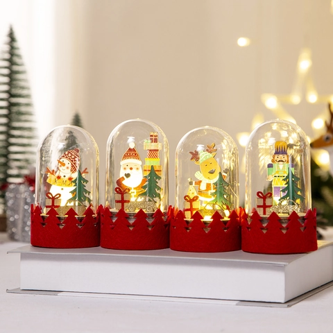 Weihnachts LED Tischdeko Holzfiguren In Kunststoffkuppel Santa Schneemann Rentier Nussknacker Festliche Dekoration