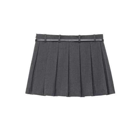 Women Pleated Mini Skort With Belt Polyester Preppy Academy Style Low Waist Short Skirt Gray