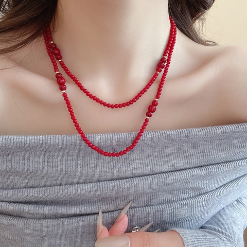 Double Layer Red Glass Beaded Necklace Long Sweater Chain With Gold Metal Spacers Retro Elegant Style For Women